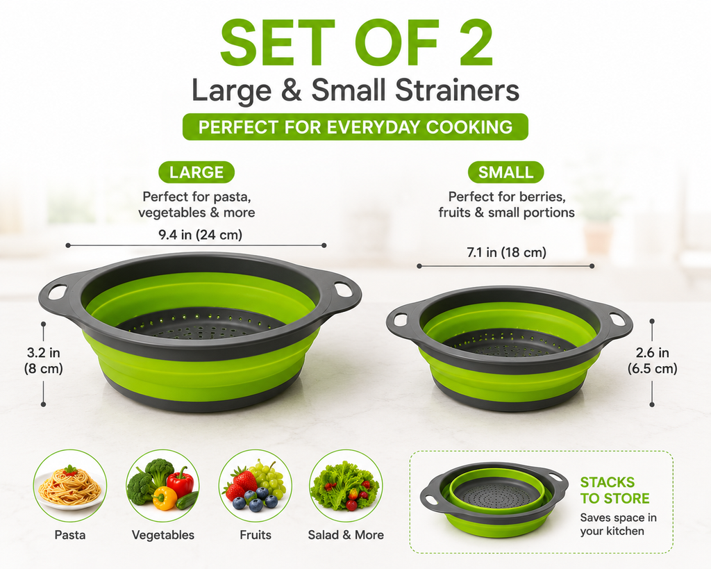 2-Piece Collapsible Silicone Colander Set – Green